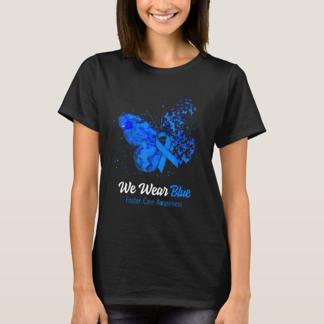 We Wear Blue Foster Care Awareness Butterfly T-Shirt (Front)