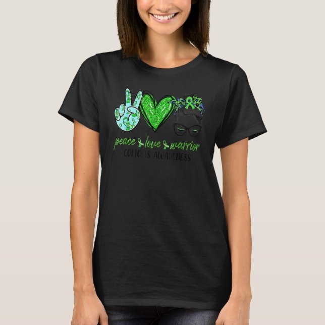 We Wear Green Scoliosis Awareness Peace Love Warri T-Shirt (Front)