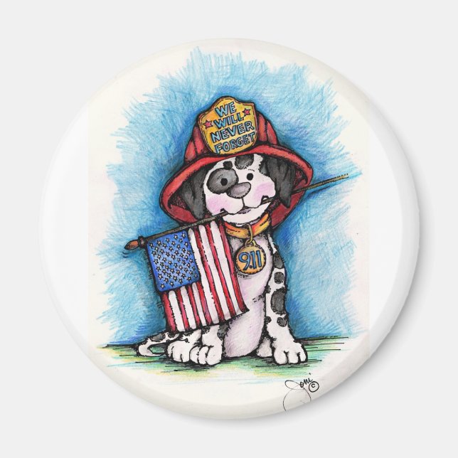 We Will Never Forget 9/11 Firefighter Dalmatian Magnet (Front)