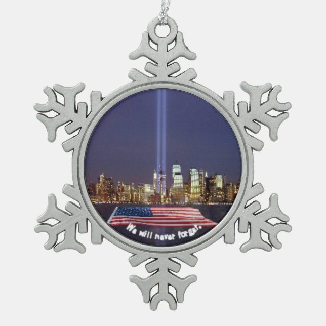 We Will Never Forget 9-11 Tribute Snowflake Pewter Christmas Ornament (Front)