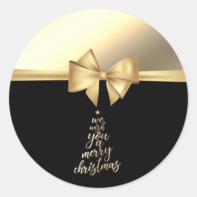 We Wish You A Merry Christmas,Faux Gold Bow Classic Round Sticker (Front)