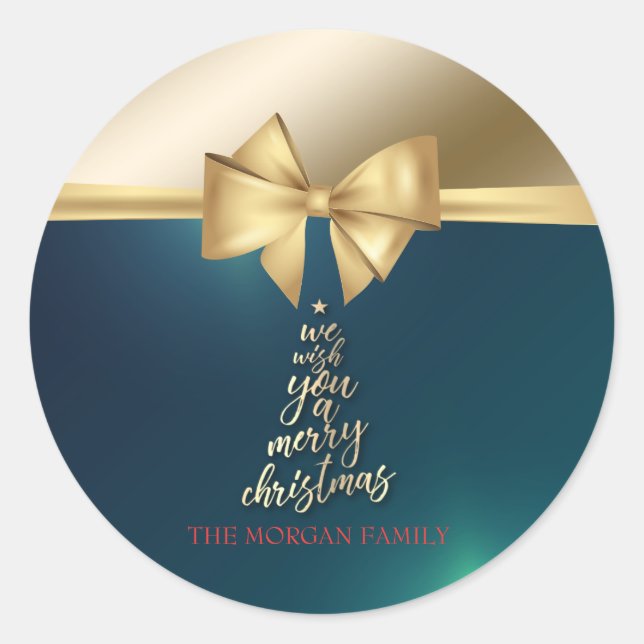 We Wish You A Merry Christmas Gold Bow Green Classic Round Sticker (Front)