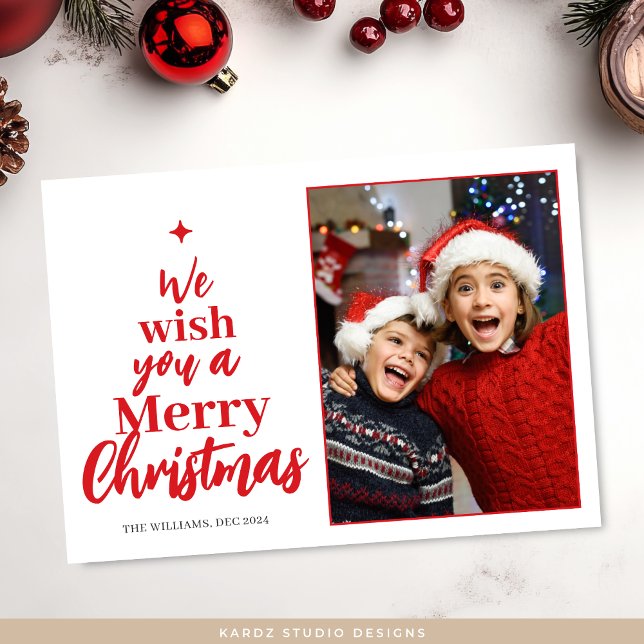 We Wish You A Merry Christmas Holiday Card (Personalize with photo and name, choose corner and paper style. Size shown is 5 x 7 inches.)