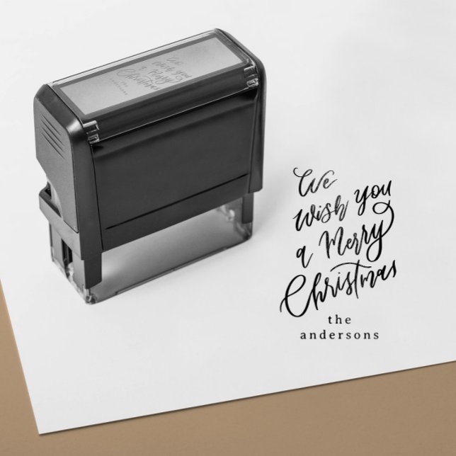 We Wish You a Merry Christmas Lettering Gift Self-inking Stamp (self inking stamp with a hand lettering Merry Christmas message and custom family name)