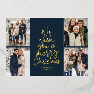We wish you a Merry Christmas navy gold four photo Foil Holiday Card