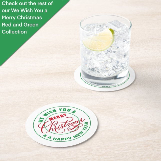We Wish You A Merry Christmas Red and Green Round Paper Coaster (Creator Uploaded)