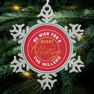 We Wish You a Merry Christmas Red Snowflake Pewter Christmas Ornament