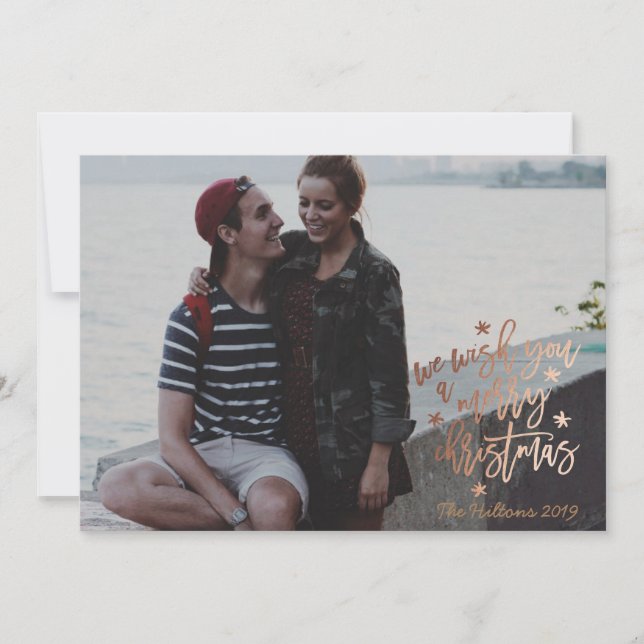 We Wish You A Merry Christmas Rose Foil Photo Holiday Card (Front)