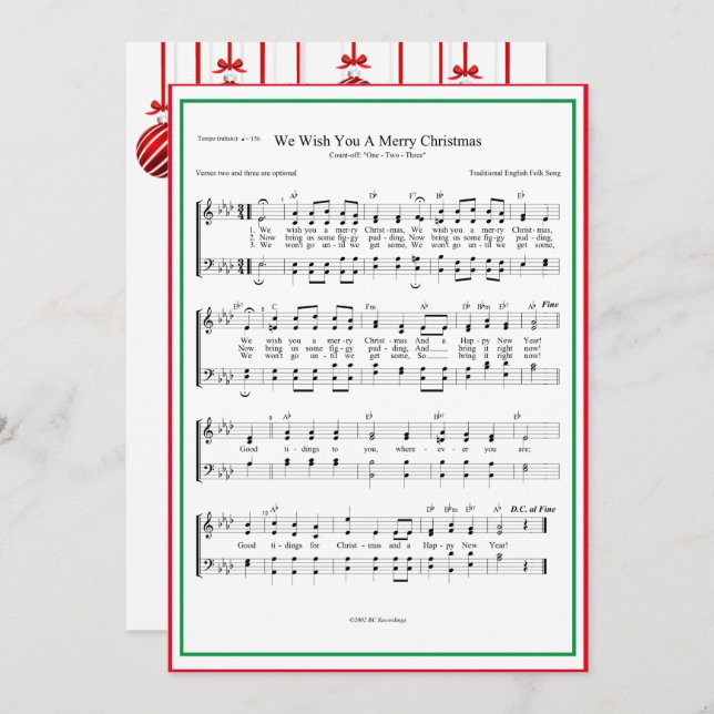 We Wish You A Merry Christmas Sheet Music Holiday Card (Front/Back)
