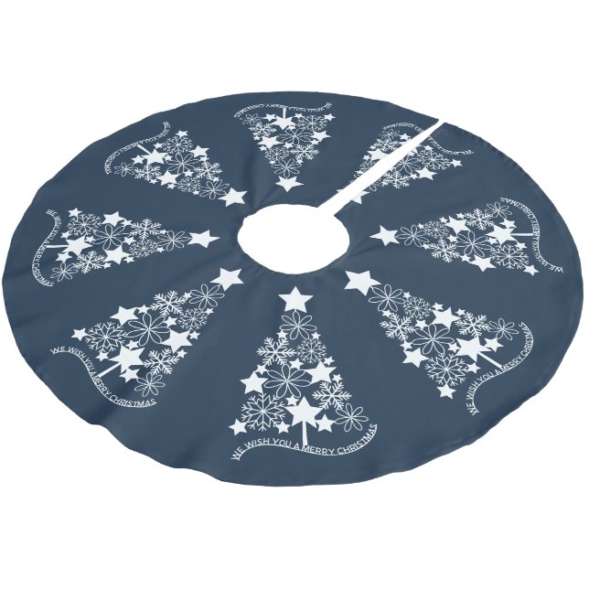 We Wish You a Merry Christmas Trees Blue and White Brushed Polyester Tree Skirt (Angled)