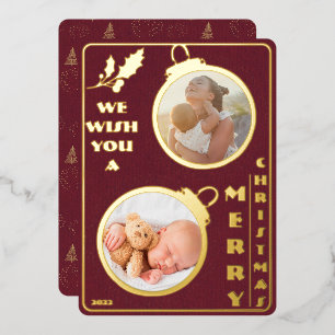 We Wish You a Merry Christmas   Two Photo Unique Foil Holiday Card