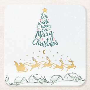We Wish you a Merry Christmas Typography Tree Square Paper Coaster