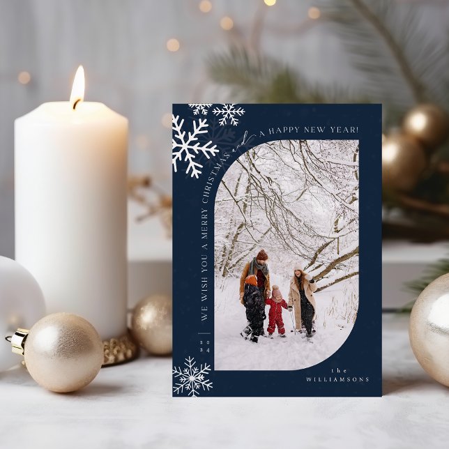 We Wish You a Merry Christmas, Unique Photo  Holiday Card (curved border navy and snowflake Christmas card mock up surrounded by ornaments and a candle)