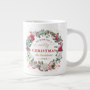 We Wish You A Merry Christmas Wreath Monogram  Large Coffee Mug