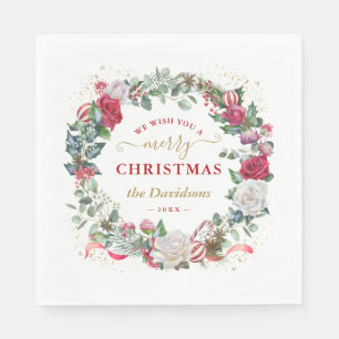 We Wish You A Merry Christmas Wreath Monogram Napkin