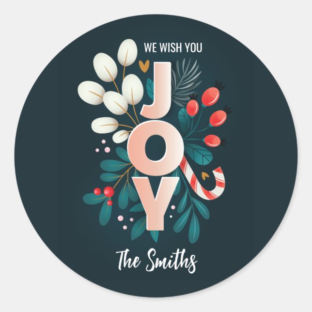 We Wish You JOY, Christmas Candy Cane & Foliage Classic Round Sticker (Front)