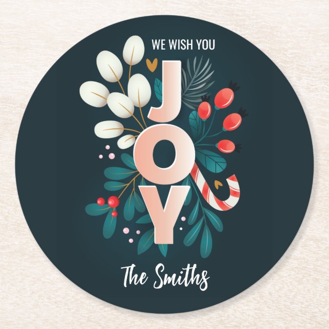 We Wish You JOY, Christmas Candy Cane & Foliage Round Paper Coaster (Front)