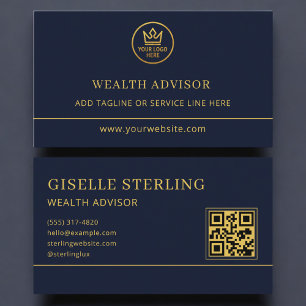 Wealth Advisor Blue Gold Logo QR Code Business Card