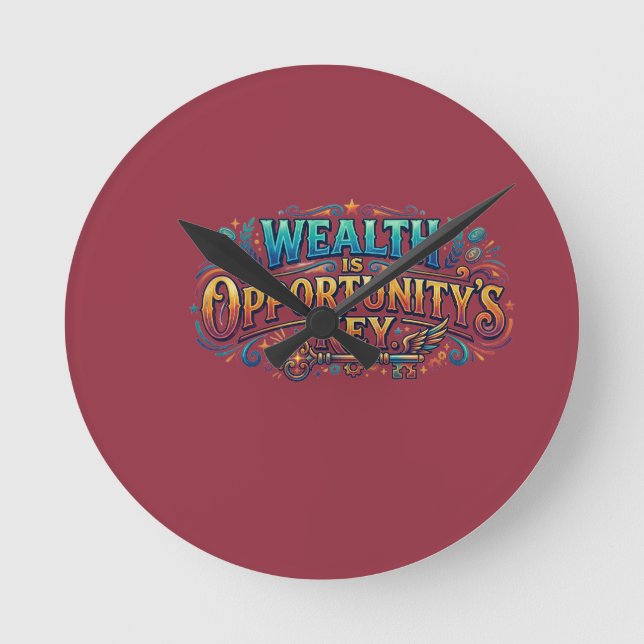 Wealth is Opportunity's Key – Motivational Typogra Round Clock (Front)