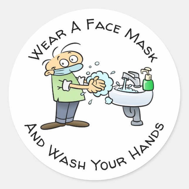 Wear A Face Mask And Wash Your Hands Cartoon Classic Round Sticker (Front)