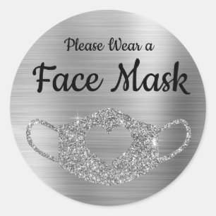 Wear a Face Mask Faux Silver Glitter and Foil Classic Round Sticker