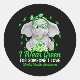 Wear Green For Mental Health Awareness Ribbon Elep Classic Round Sticker