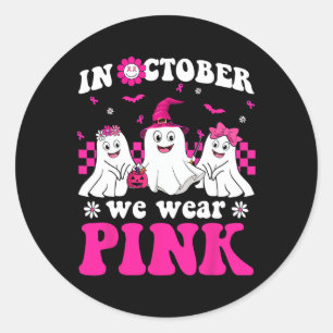 Wear Pink Groovy Ghost Halloween Breast Cancer Awa Classic Round Sticker