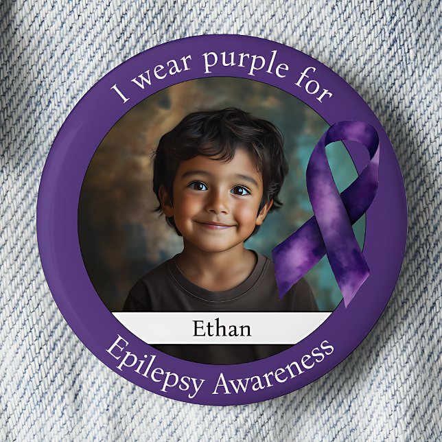 Wear Purple for Epilepsy Awareness Photo 6 Cm Round Badge (I wear purple for Epilepsy Awareness purple ribbon photo pinback button.)
