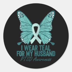 Wear Teal For My Husband Ptsd Awareness Teal Ribbo Classic Round Sticker