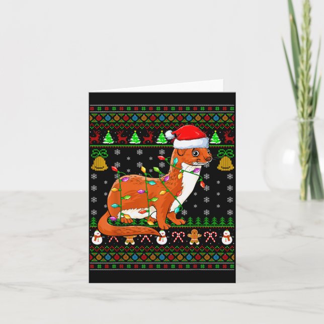 Weasel Christmas Lights Funny Santa Ugly Sweaters  Card (Front)