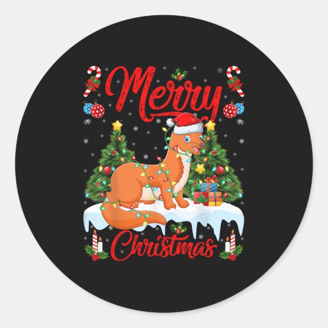 Weasel Merry Christmas Tree Lighting Weasel Xmas  Classic Round Sticker (Front)