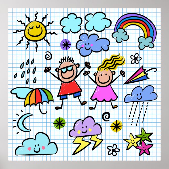 Weather Kids Happy Cheerful Doodles  Poster (Front)