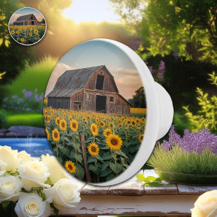 Weathered Barn in a Sunflower Field Ceramic Knob