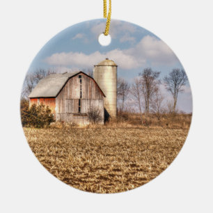 Weathered Barn & Silo in Cornfield Ceramic Ornament
