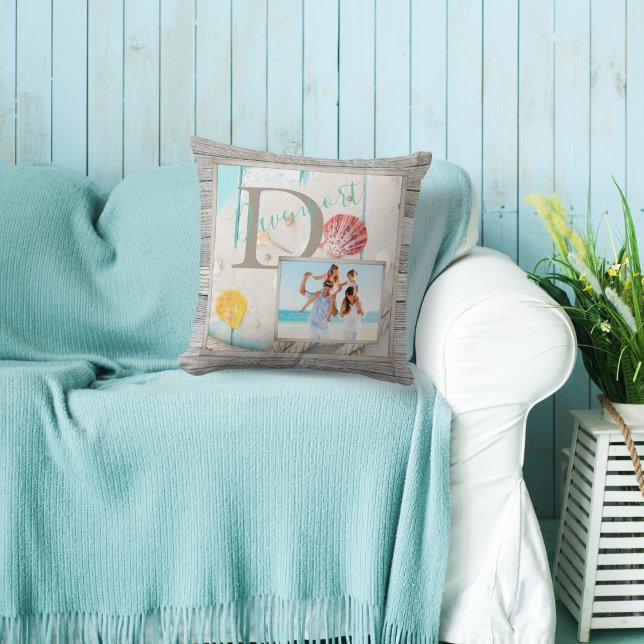 Weathered Beach Wood Monogram Photo Throw Pillow (Creator Uploaded)