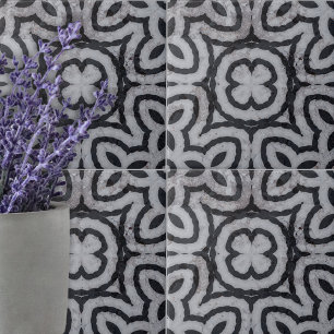 Weathered Black White Grey Marble-Look Geometric  Ceramic Tile