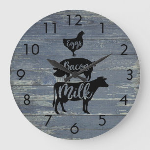 Weathered Blue Boards Eggs Bacon Milk Animals   Large Clock