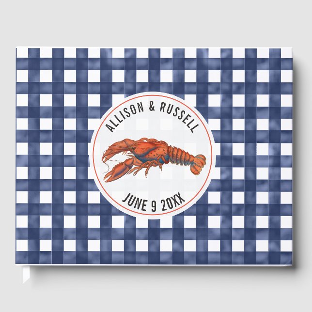 Weathered Blue Gingham Lobster Coastal Wedding Guest Book (Front)