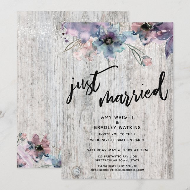 Weathered Boards Flowers Lights Just Married Invitation (Front/Back)
