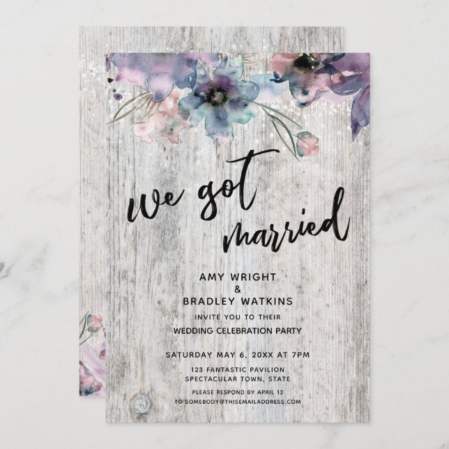 Weathered Boards Flowers Lights We Got Married Invitation (Front/Back)