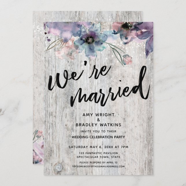 Weathered Boards Flowers Lights We're Married Invitation (Front/Back)