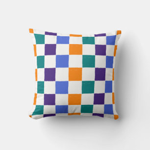 Weathered Chequerboard Orange, Teal, Blue, Purple Cushion