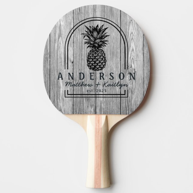 Weathered Dark Gray Pineapple Wedding Arch & Name Ping Pong Paddle (Front)