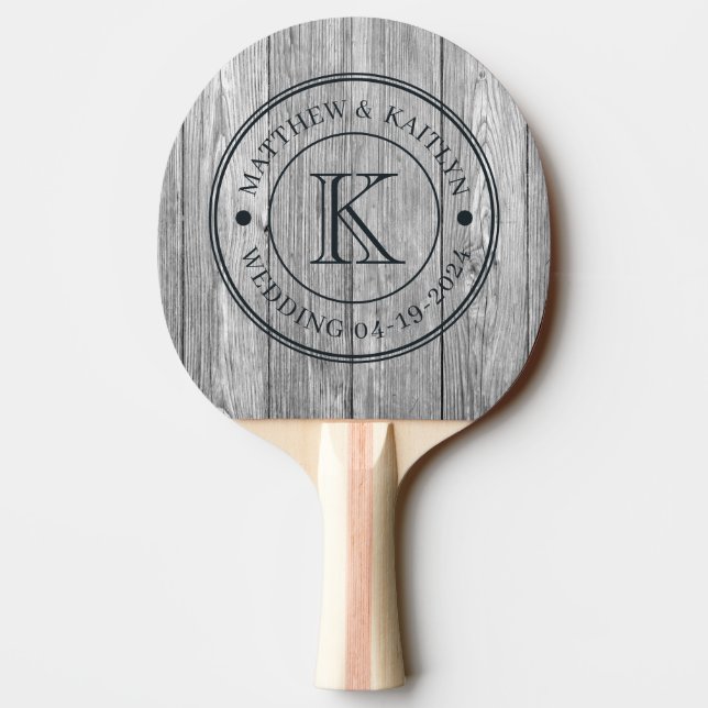Weathered Dark Grey Wooden Wedding Monogram Ping Pong Paddle (Back)