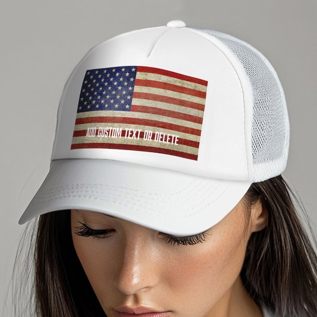 Weathered, distressed American Flag Trucker Hat (Custom Trucker Hat with Custom Text)