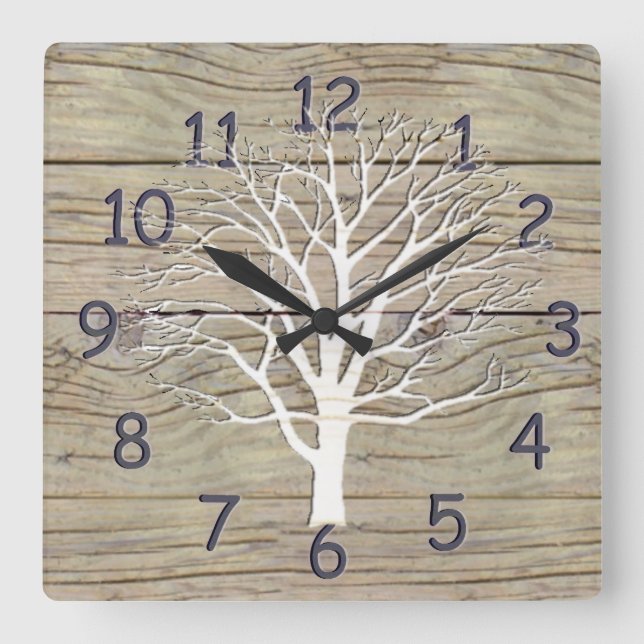 Weathered Driftwood with Tree Artwork Square Wall Clock (Front)