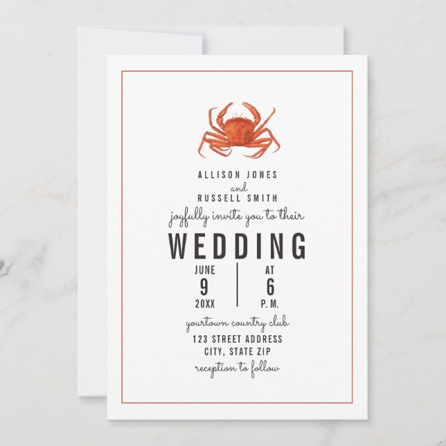Weathered Gingham Crab Wedding Invitation (Front)