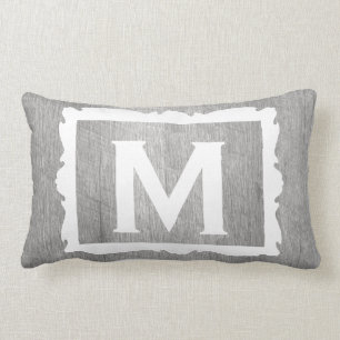 Weathered Grey Wood Rustic Framed Monogram Lumbar Cushion