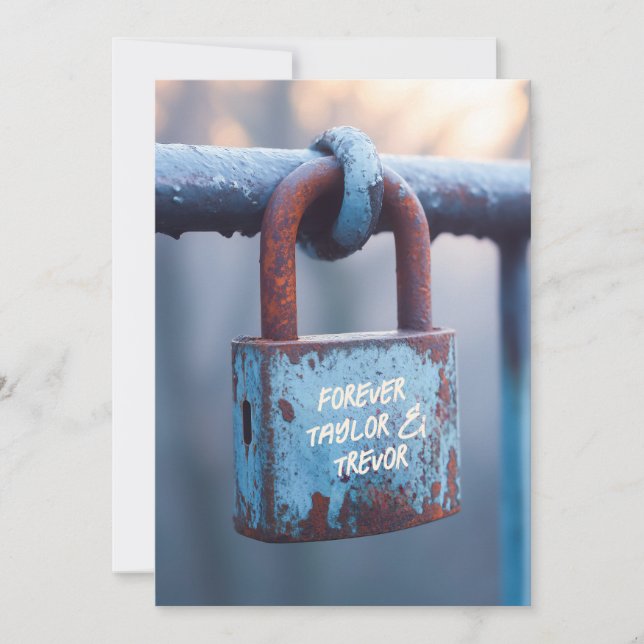 Weathered Love Padlock on Rusty Fence Invitation (Front)