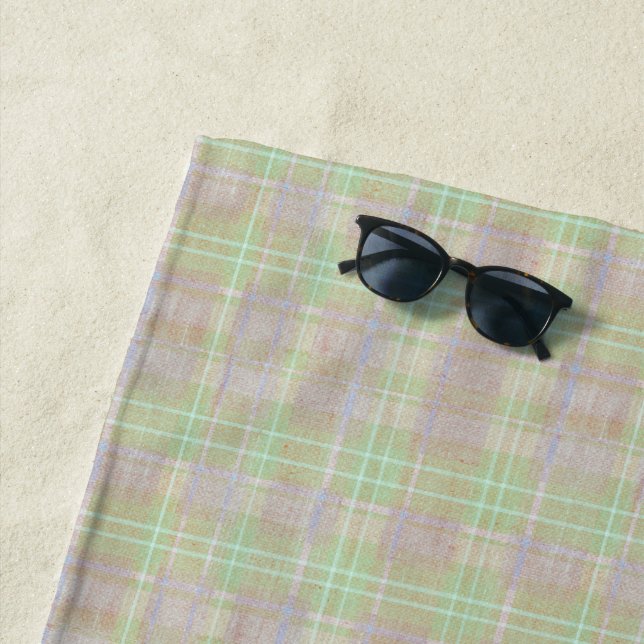Weathered Neutral Sage Plaid Beach Towel (In Situ)